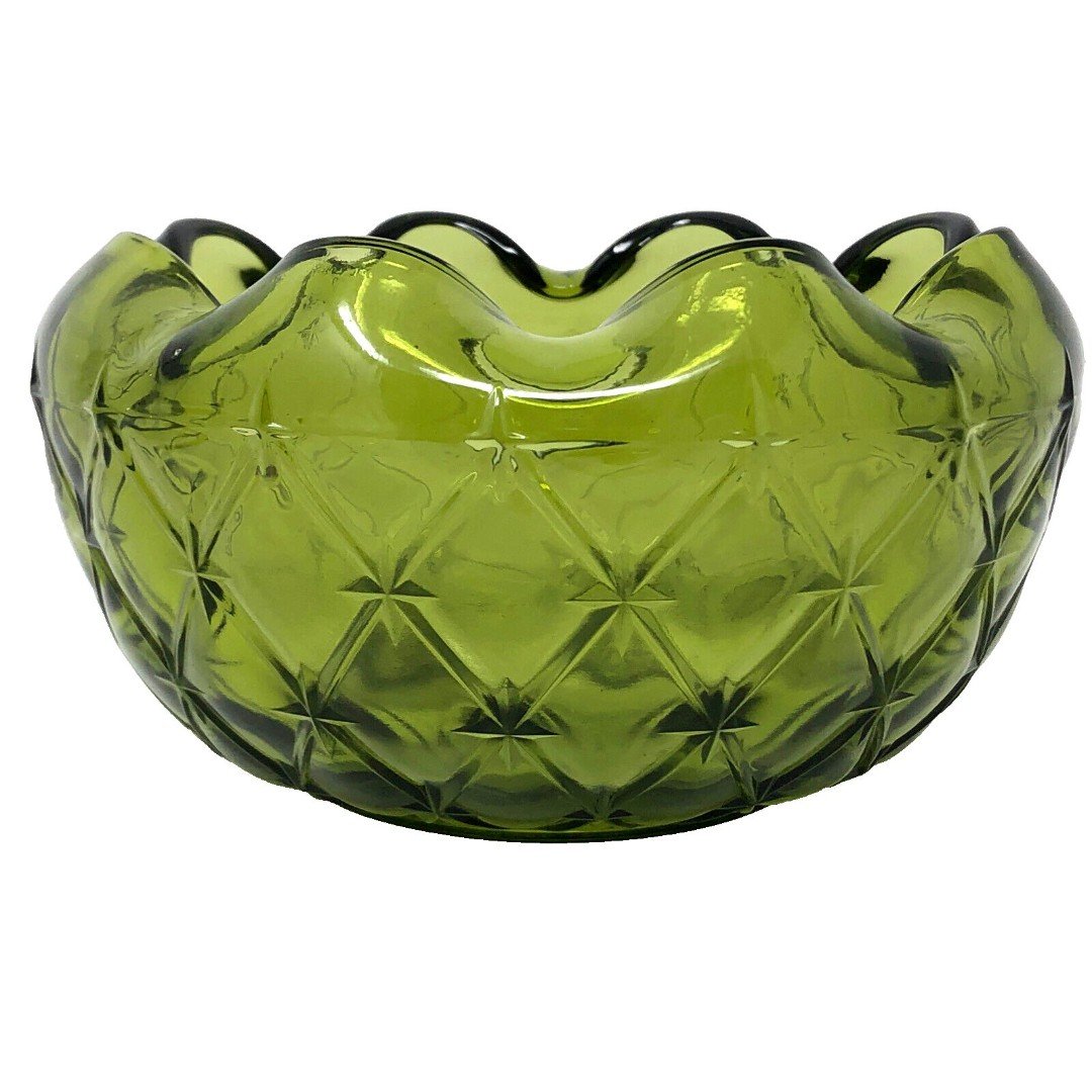 Vintage Indiana Glass Crimped Bowl Avocado Olive Green Duette Rose Starburst fVJGeMFK4