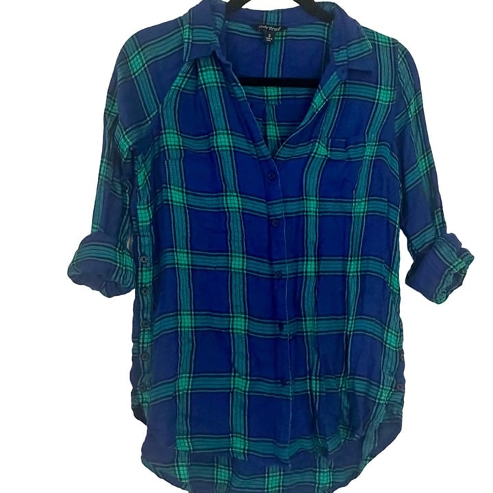 Lucky Brand Blue/Green Plaid Button Up Flannel Shirt w/ Side Button Womens Small 9q4yNkEi8
