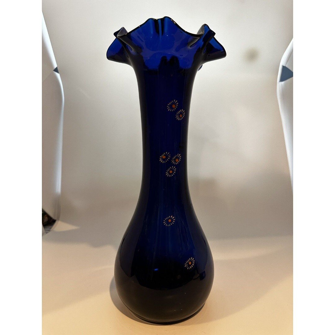 Cobalt Blue Handblown Glass Ruffled Top Vase Large Antique fsfFWU5Of