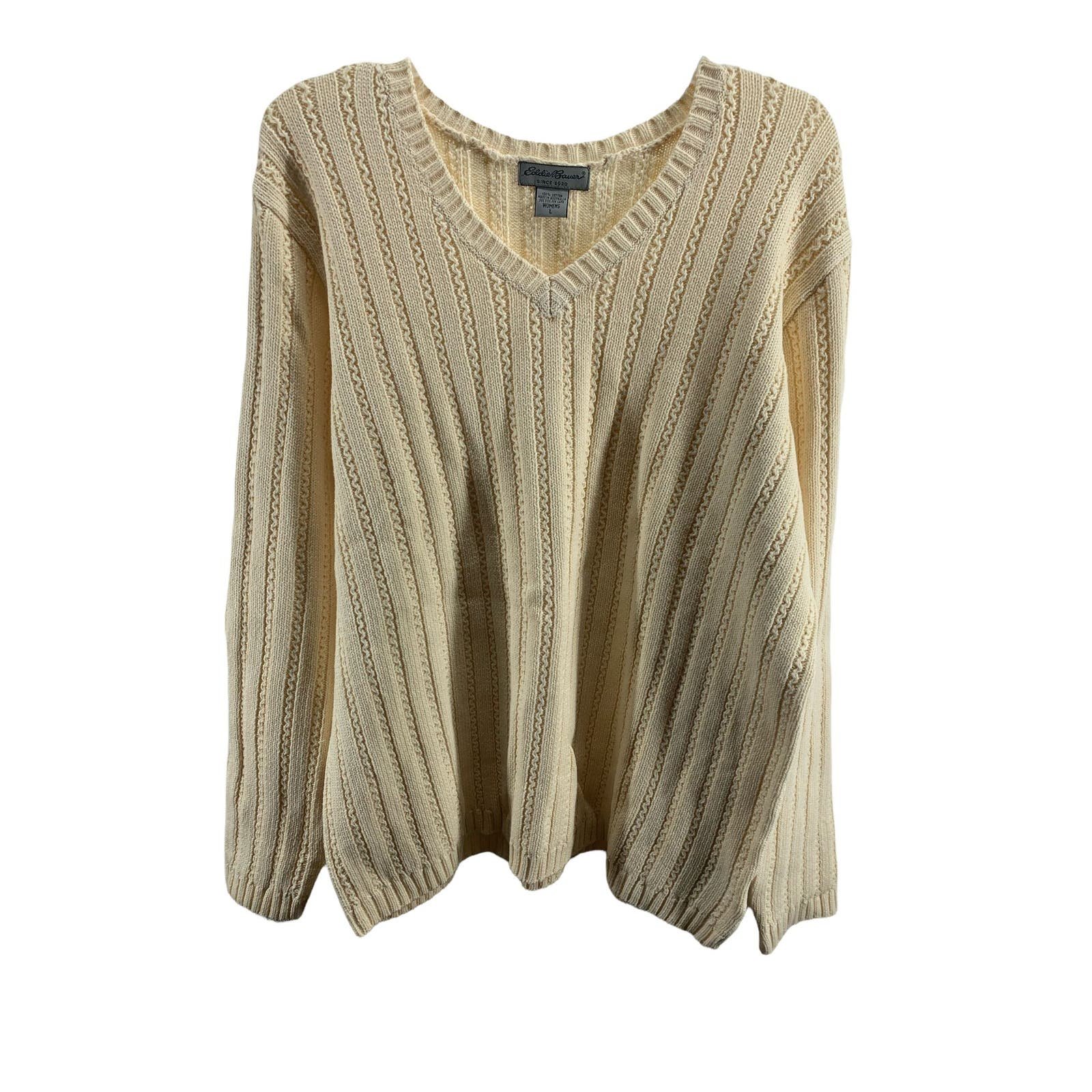 Eddie Bauer Cream Cotton V-Neck Pullover Sweater Women´s Size Large 2JqzqCI6r