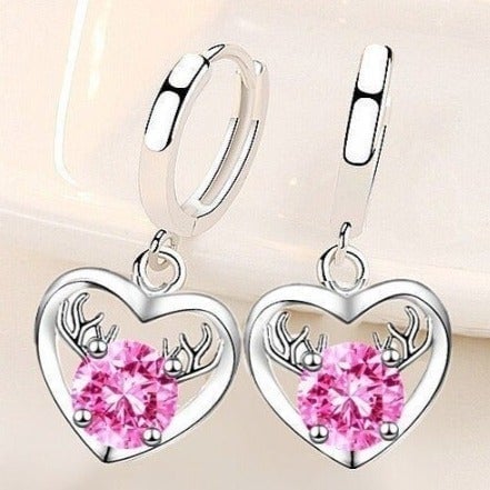 ⭐⭐925 sterling silver pink crystal zircon heart-shaped deer earrings Women, J849 eLWqDV1OA