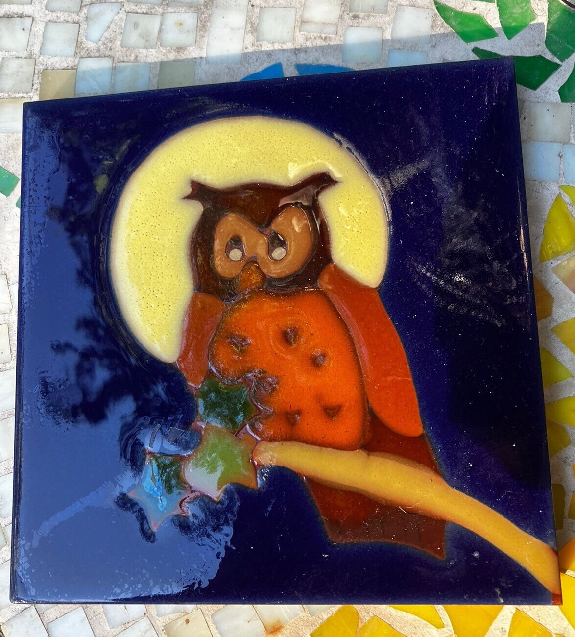 Semigres Large Italian Mid Century Hand Painted Tile 6x6 Hoot Owl Full Moon 1dBYzQgJi